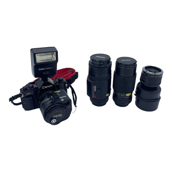 Canon A-1 Black SLR 35mm Film Camera Body With 3 Lens/ Canon 188A Flash - Picture 1 of 16